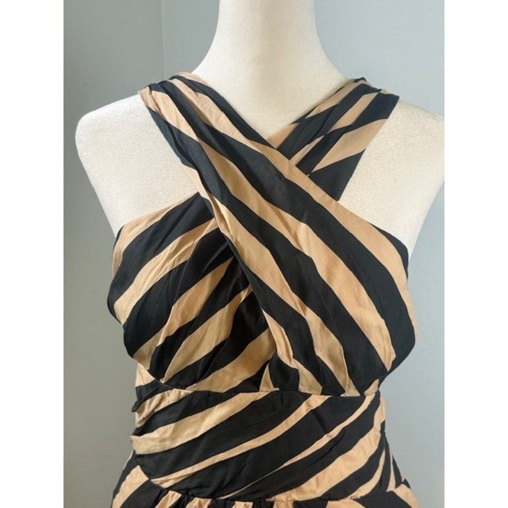 Leifsdottir Anthropologie Striped Halter Dress Sz 12 Silk Cotton Blend Black Tan - Picture 4 of 13